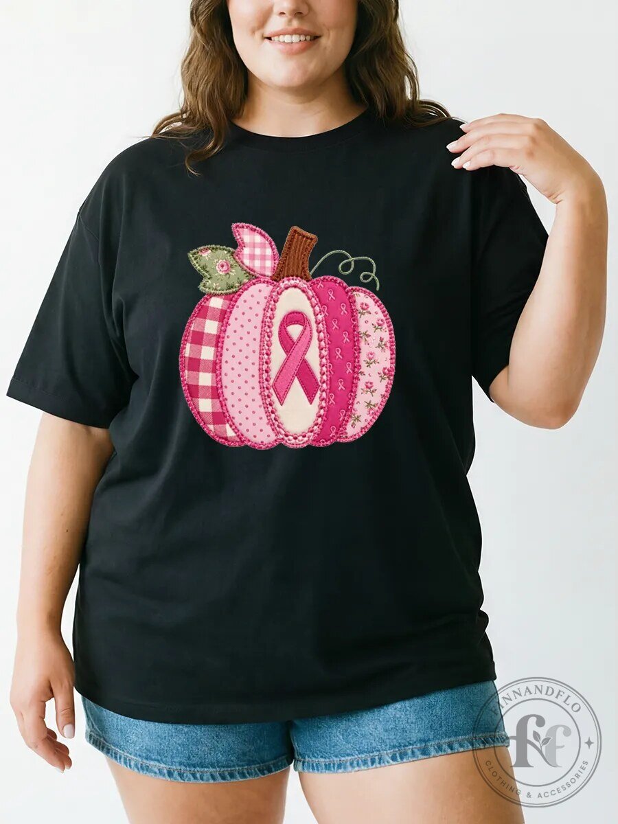 Breast Cancer Awareness Pink Ribbon Pumpkin Fall Season Graphic T-Shirt