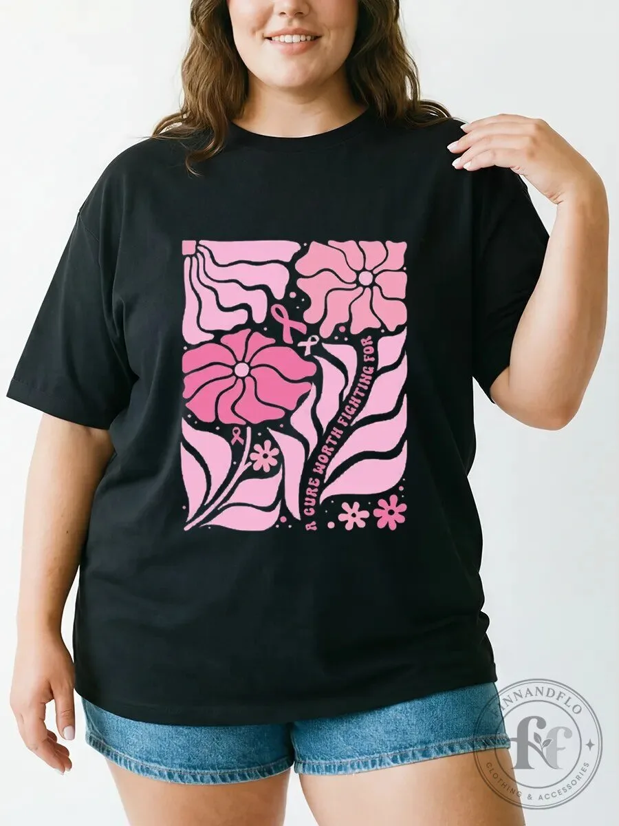 Breast Cancer Awareness Floral A Cure Worth Fighting For Graphic T-Shirt 1 Breast Cancer Awareness Floral A Cure Worth Fighting For Graphic T-Shirt