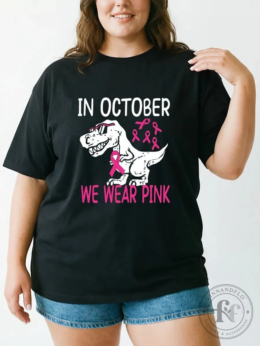Breast Cancer Awareness Month Dinosaur In October We Wear Pink T-Shirt