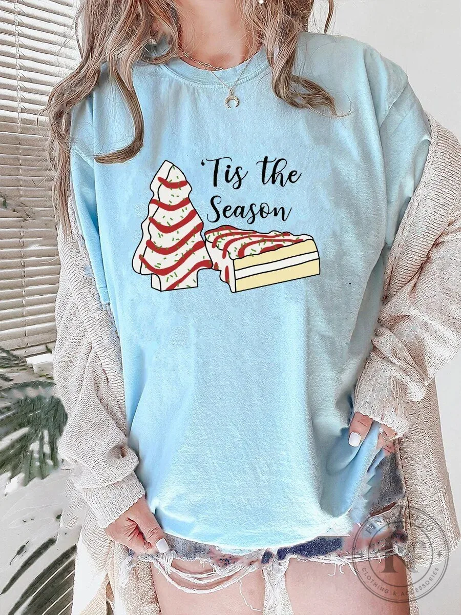 Tis the Season Christmas Tree Cake Holiday Light Blue T-Shirt