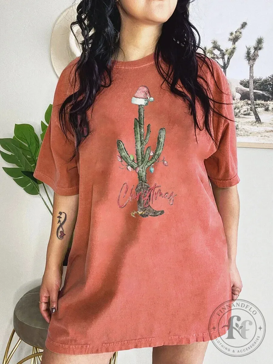 Christmas Cactus Cowboy Boot Holiday Graphic T-Shirt