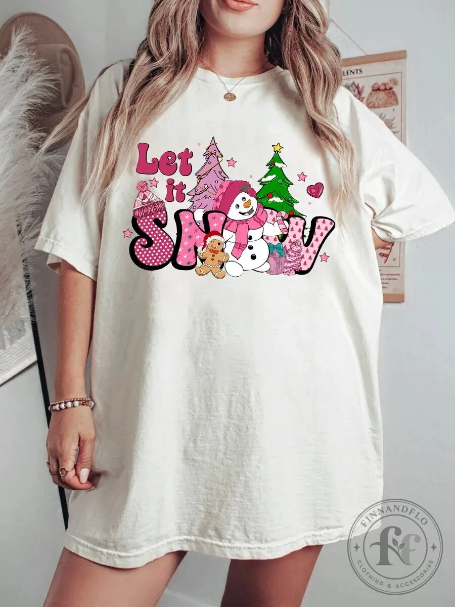 Let It Snow Christmas Snowman Pink Trees Holiday T-Shirt