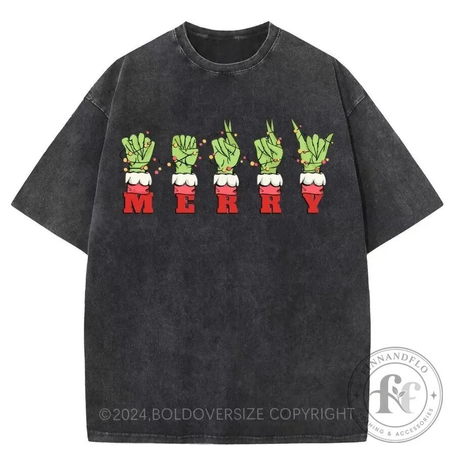 Merry Christmas Sign Language Washed T-Shirt for Holiday Season