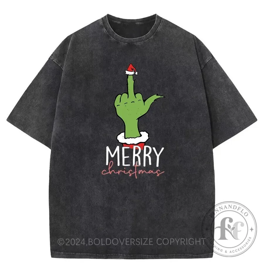 Merry Christmas Middle Finger Grinch Hand Santa Hat Washed T-Shirt