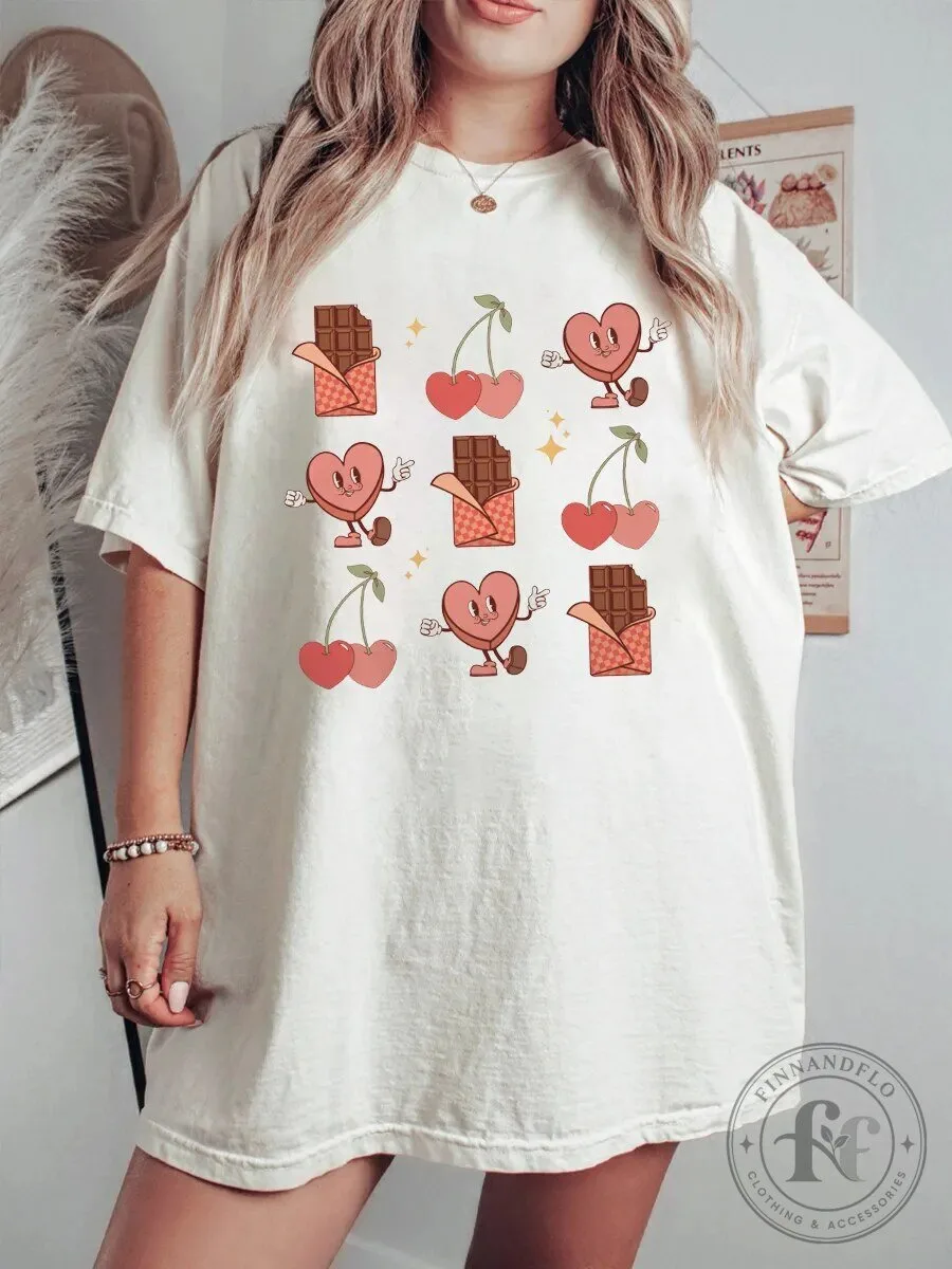 Cute Valentine's Day Hearts and Cherries Chocolate Bar Graphic T-Shirt
