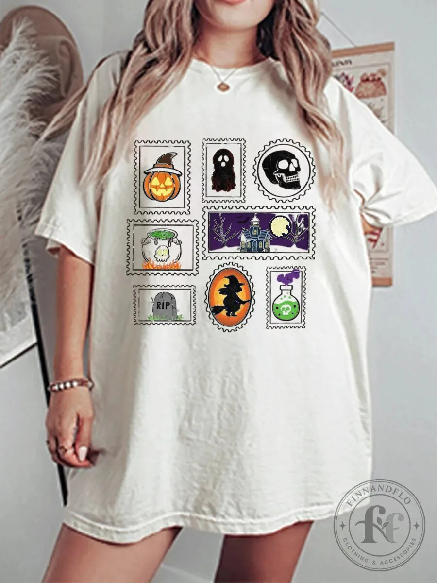 Halloween Graphic Tee Vintage Spooky Postage Stamp Design Oversized T-Shirt