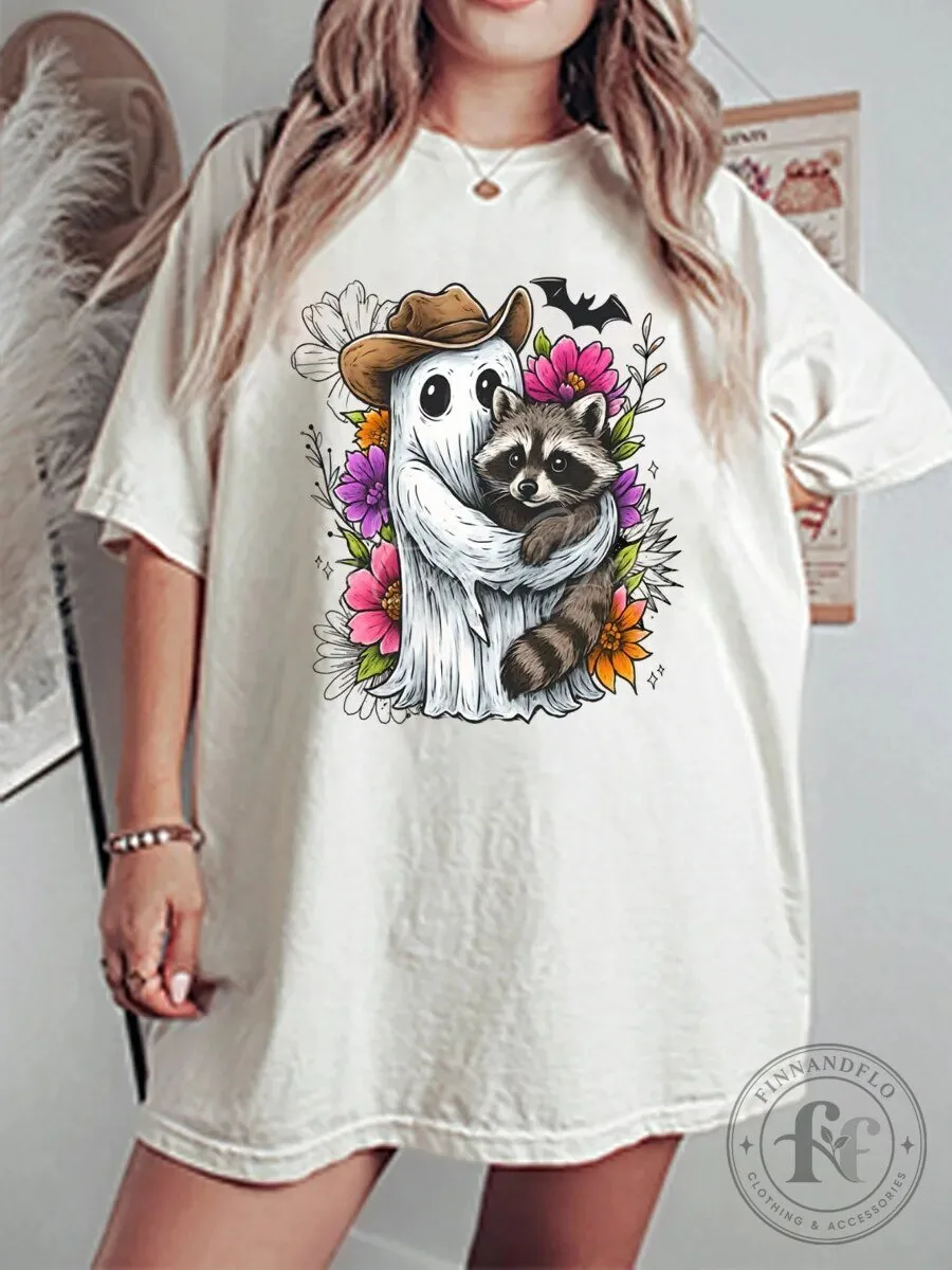 Halloween Ghost Raccoon Hugging Flowers Graphic T-Shirt
