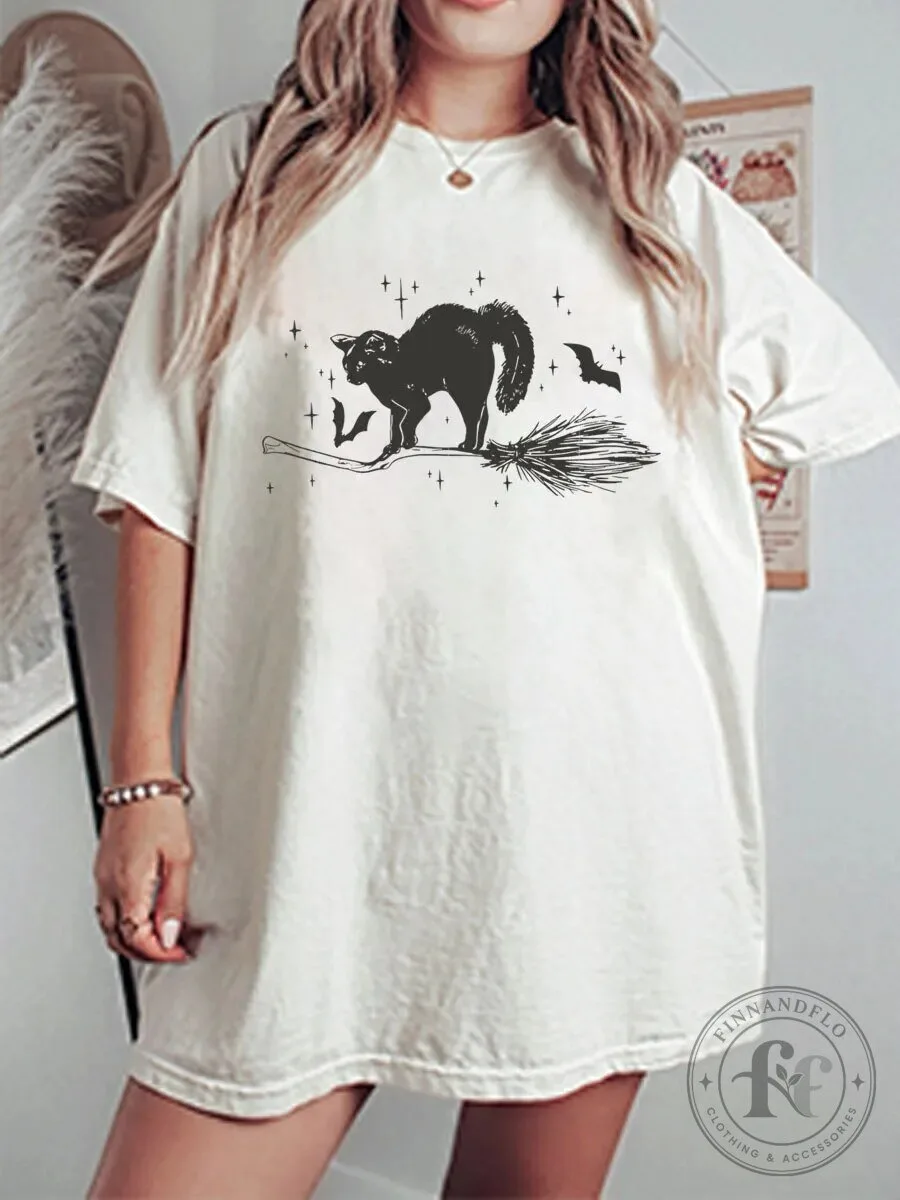 Halloween Graphic Tee Vintage Black Cat Riding Broomstick Spooky Season