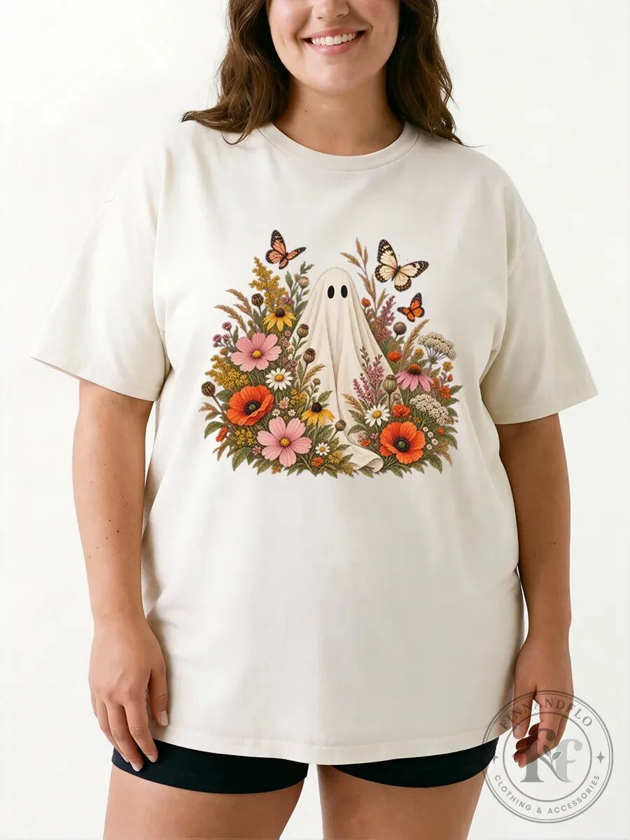 Halloween Floral Ghost Graphic T-Shirt, Vintage Spooky Butterfly Wildflower Tee