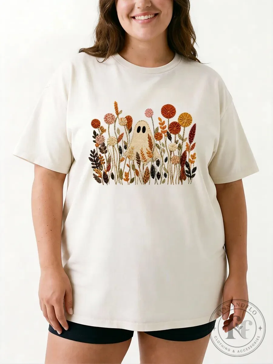 Halloween Graphic Tee Spooky Wildflower Ghost Oversized T-Shirt 1 Halloween Graphic Tee Spooky Wildflower Ghost Oversized T-Shirt