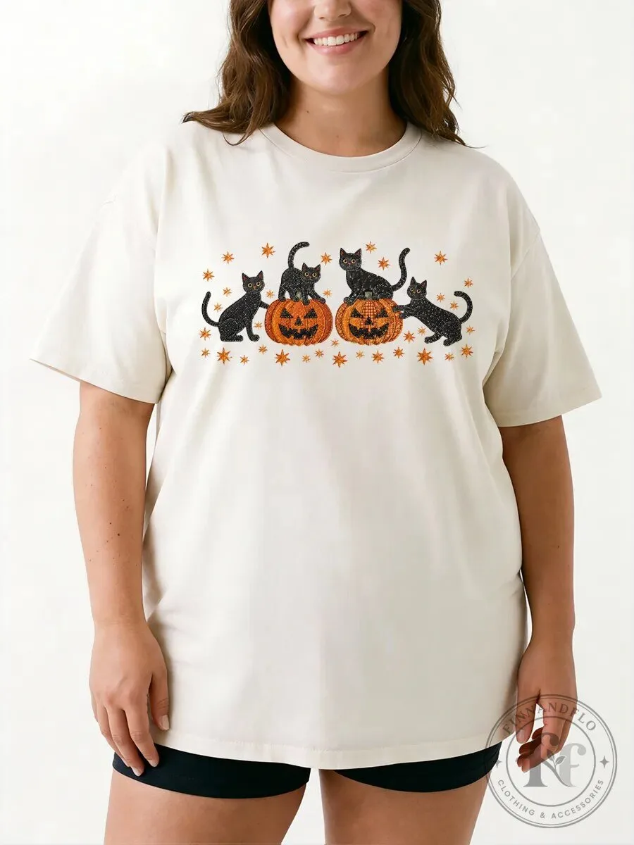 Halloween Graphic Tee with Vintage Black Cats and Jack-O’-Lantern Pumpkins