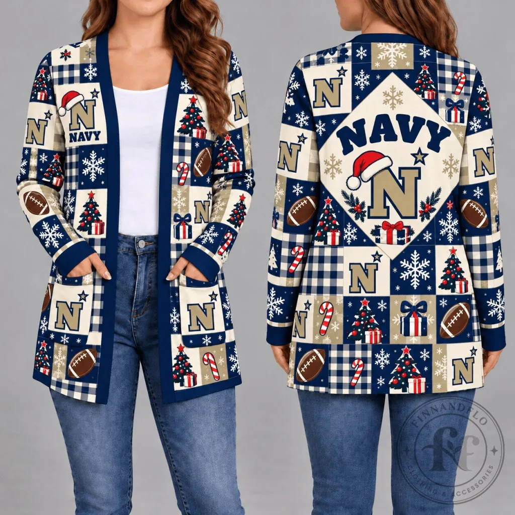Navy Midshipmen Christmas Patchwork Style Women's Long Sleeve Cardigan