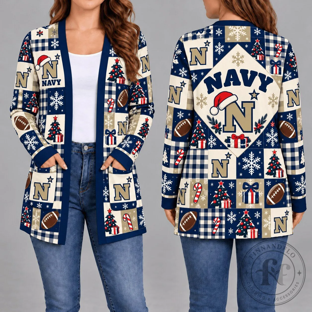 Navy Midshipmen Christmas Patchwork Style Women's Long Sleeve Cardigan