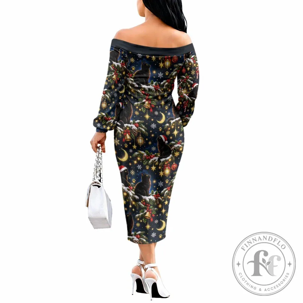Black Cat Meowy Christmas Off The Shoulder Long Sleeve Midi Dress 7 Black Cat Meowy Christmas Off The Shoulder Long Sleeve Midi Dress