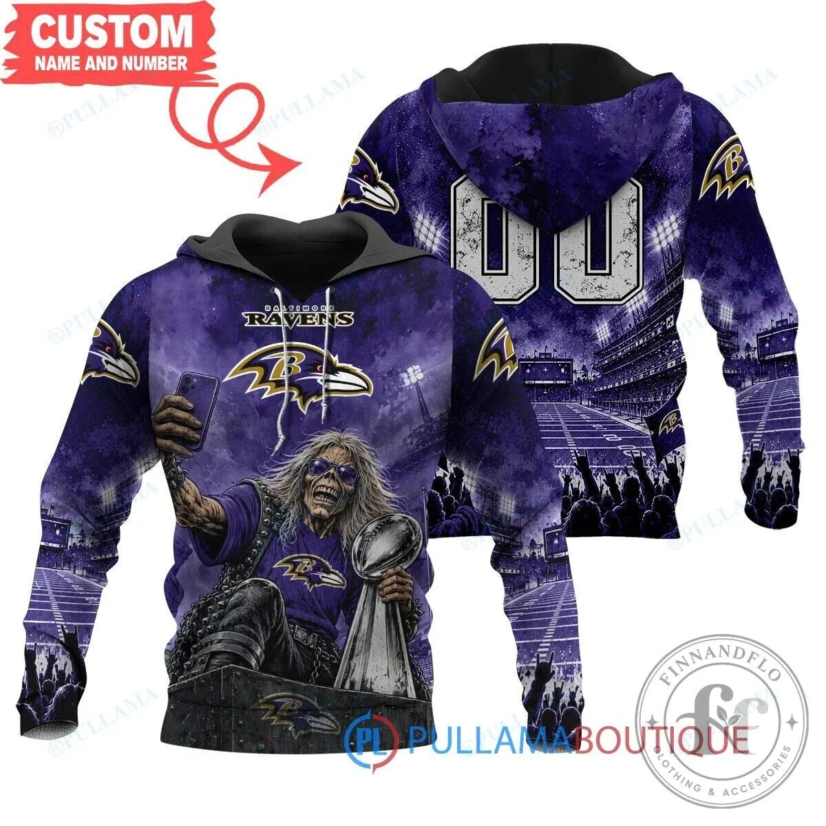 Baltimore Ravens Iron Maiden Eddie Super Bowl Trophy Custom Number Hoodie