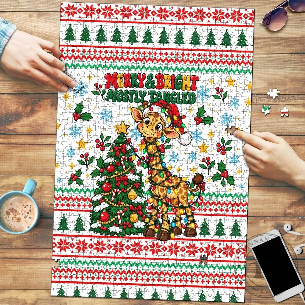Christmas Giraffe Merry and Bright Mostly Tangled Holiday Jigsaw Puzzle