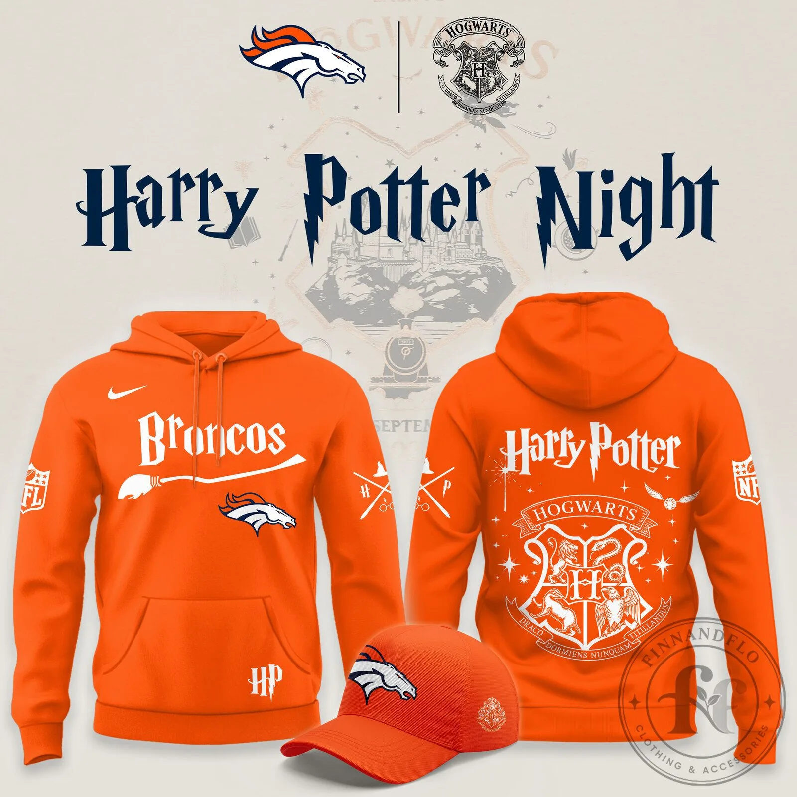 Denver Broncos Harry Potter Night Hogwarts Crest Orange Hoodie