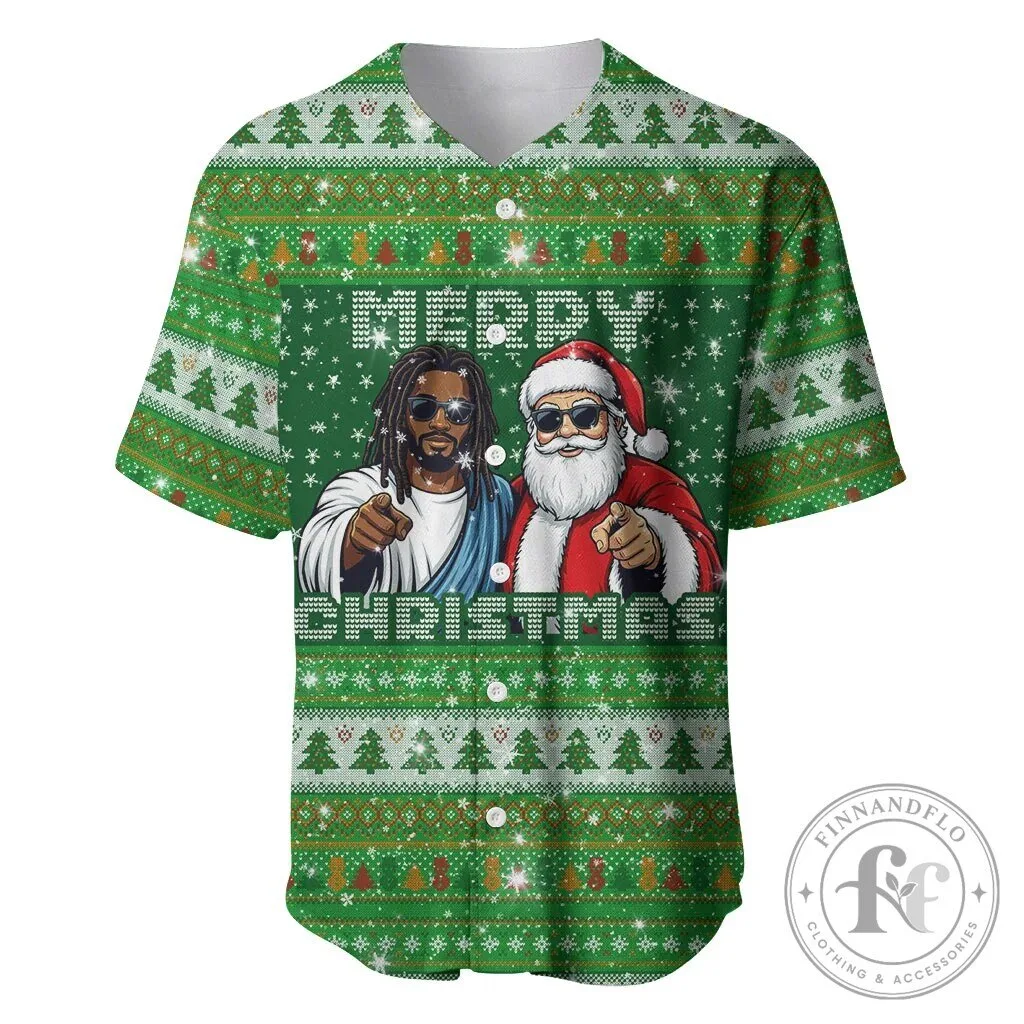 Black Jesus and Santa Claus Merry Christmas Ugly Sweater Style Baseball Jersey