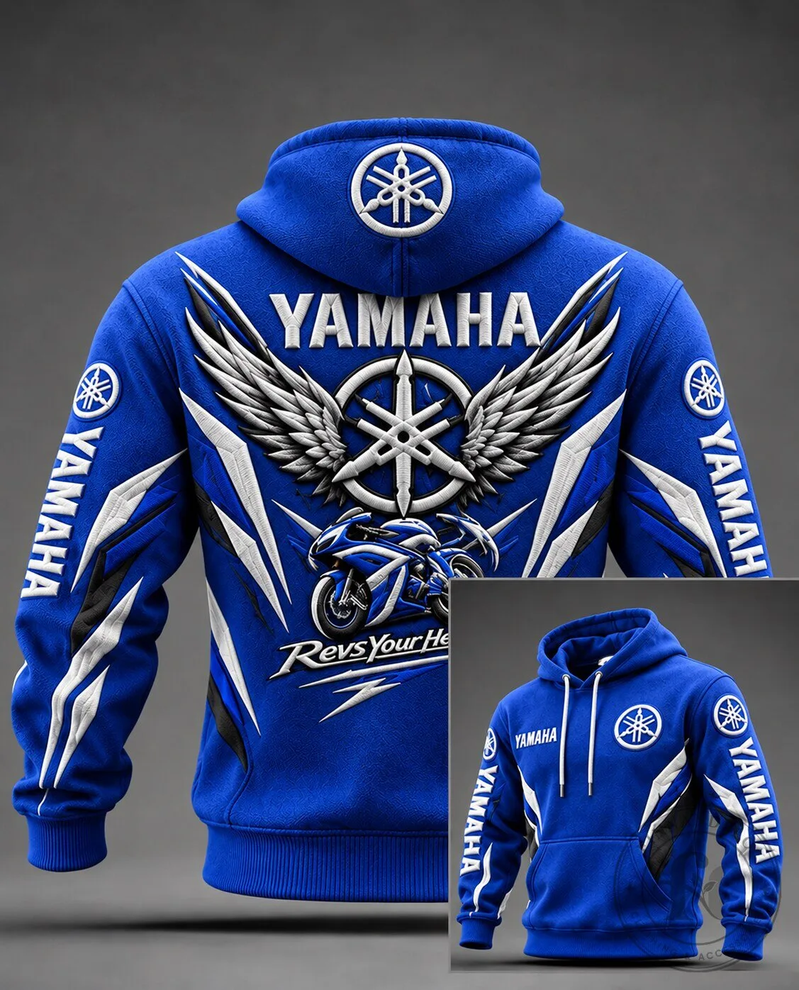 Yamaha Motorcycle Racing Wings Graphic Blue Full-Zip Hoodie for Men