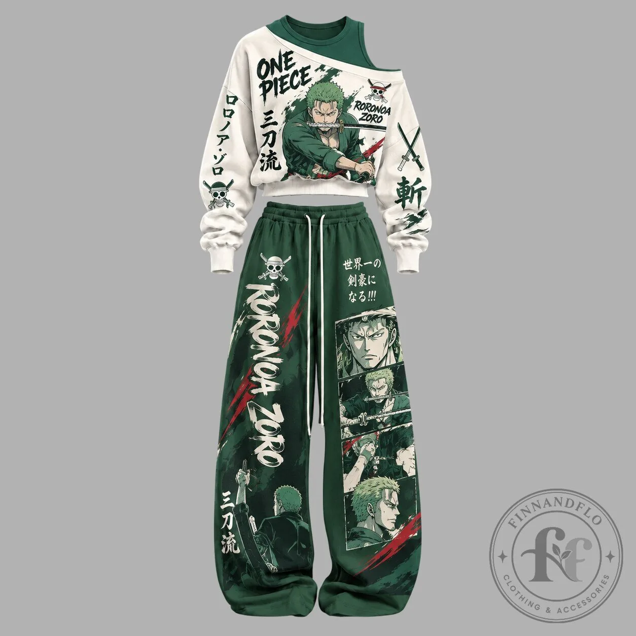 One Piece Roronoa Zoro Anime Character Green Women's Long-Sleeve Hoodie and Pants Set