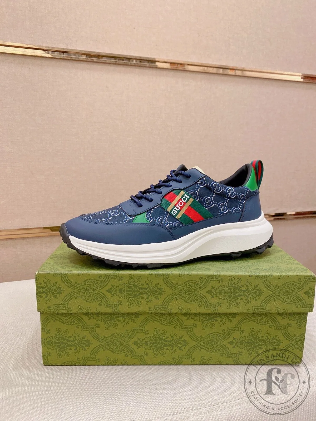 Gucci Blue and Green Stripe Patterned Fashion Sneakers for Men and Women