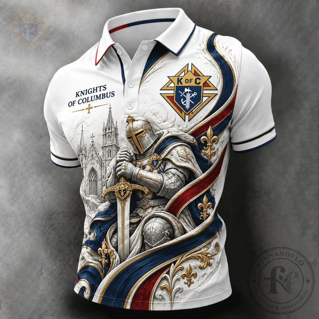 Knights of Columbus Medieval Knight Emblem White Polo Shirt Knights of Columbus Medieval Knight Emblem White Polo Shirt