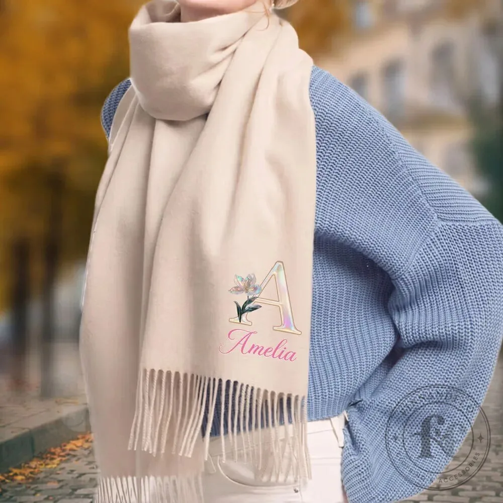 Personalized Initial and Name Custom Birth Flower Tassel Scarf 9 Personalized Initial and Name Custom Birth Flower Tassel Scarf