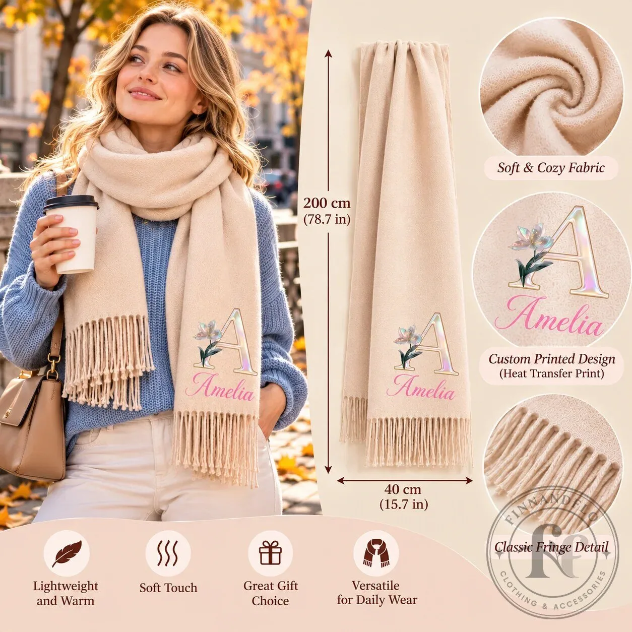 Personalized Initial and Name Custom Birth Flower Tassel Scarf 11 Personalized Initial and Name Custom Birth Flower Tassel Scarf