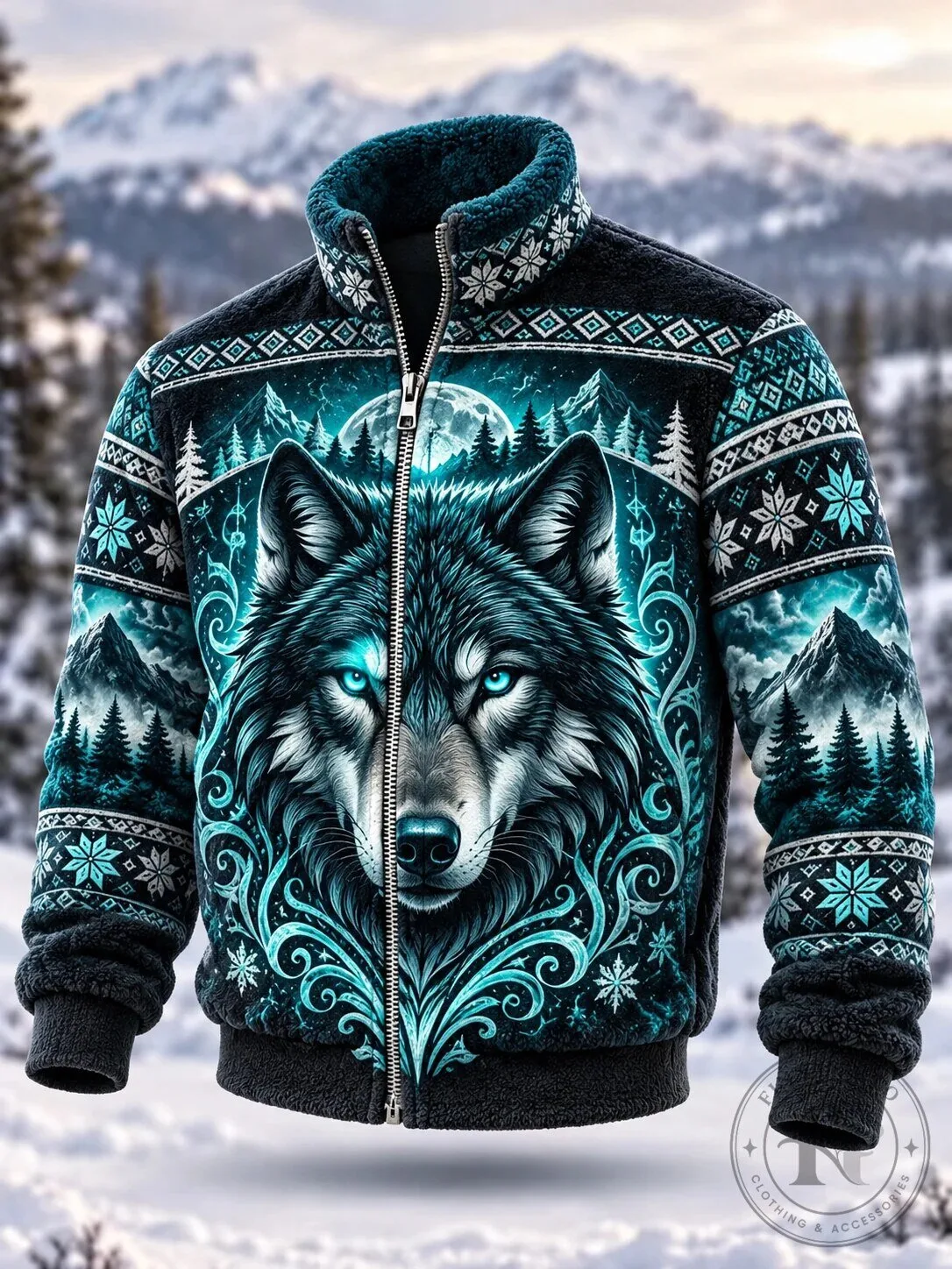 Winter Wolf Full Moon Forest Snowflakes Nordic Pattern Sherpa Fleece Jacket