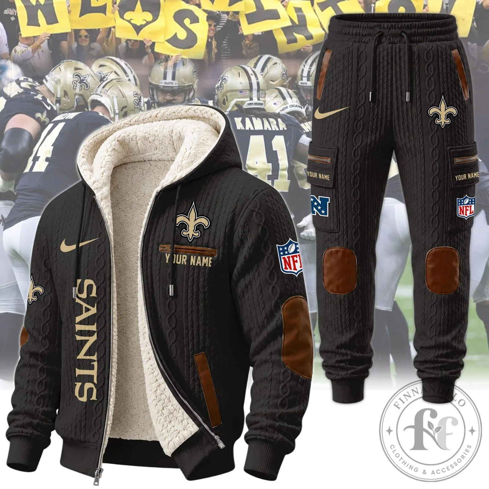 New Orleans Saints Sherpa Hooded Jacket and Pants Set for Football Fans 25 New Orleans Saints Sherpa Hooded Jacket and Pants Set for Football Fans