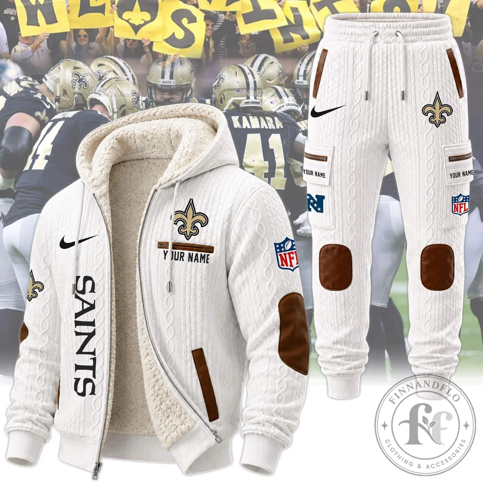 New Orleans Saints Sherpa Hooded Jacket and Pants Set for Football Fans 34 New Orleans Saints Sherpa Hooded Jacket and Pants Set for Football Fans