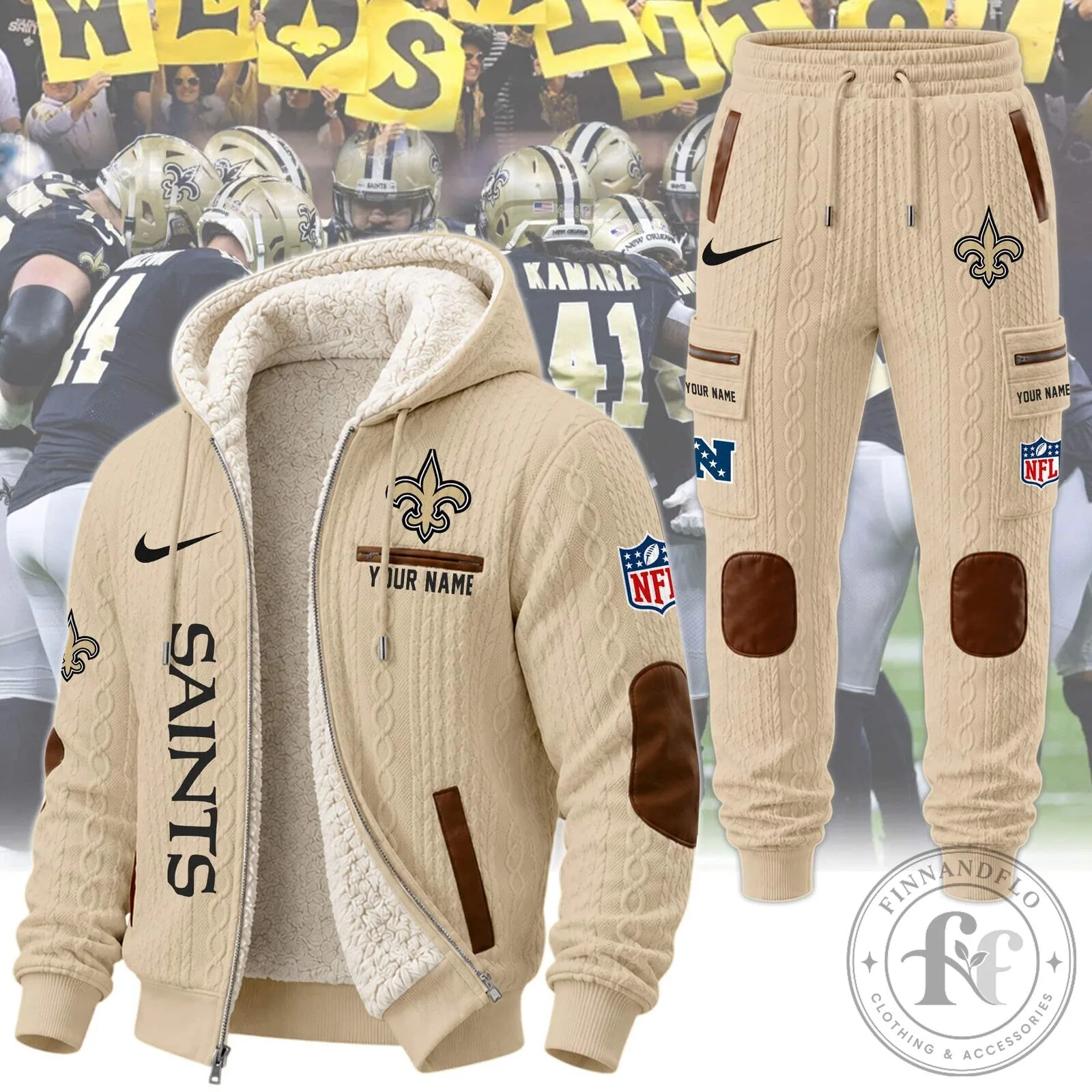 New Orleans Saints Sherpa Hooded Jacket and Pants Set for Football Fans 37 New Orleans Saints Sherpa Hooded Jacket and Pants Set for Football Fans