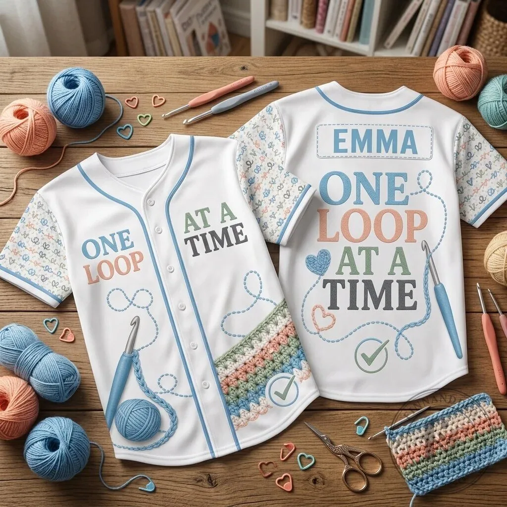 Personalized One Loop At A Time Crochet Baseball Jersey - Custom Name Gift for Knitters 2 Personalized One Loop At A Time Crochet Baseball Jersey - Custom Name Gift for Knitters
