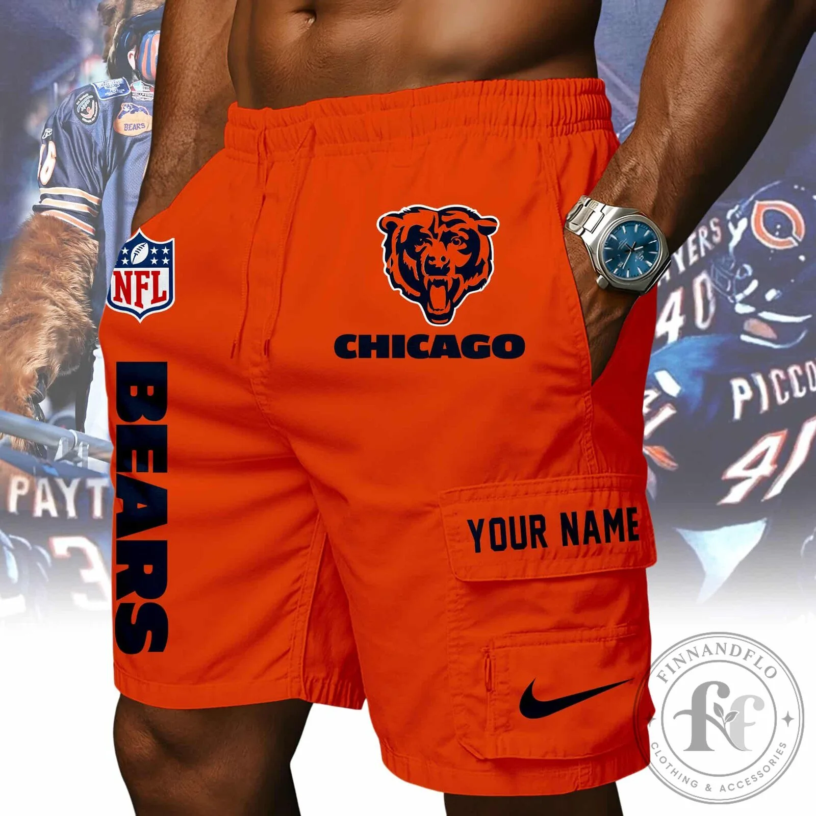 Chicago Bears NFL Custom Name Orange Athletic Cargo Shorts