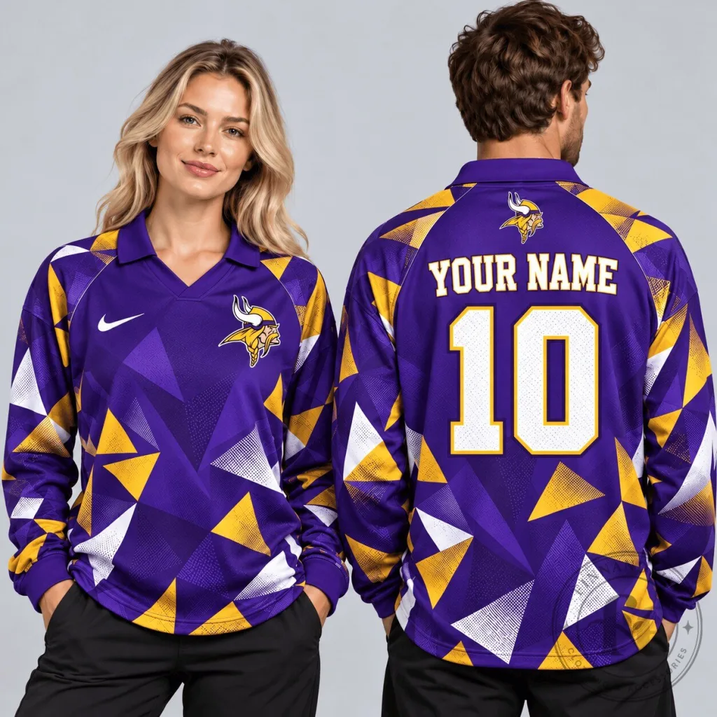 Minnesota Vikings Abstract Triangle Camo Custom Name Number Long Sleeve Polo Shirt Minnesota Vikings Abstract Triangle Camo Custom Name Number Long Sleeve Polo Shirt