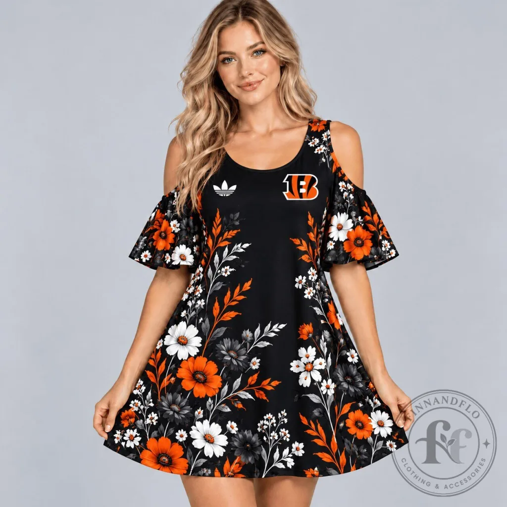 Cincinnati Bengals Floral Print Cold Shoulder Ruffle Sleeve Mini Dress Cincinnati Bengals Floral Print Cold Shoulder Ruffle Sleeve Mini Dress