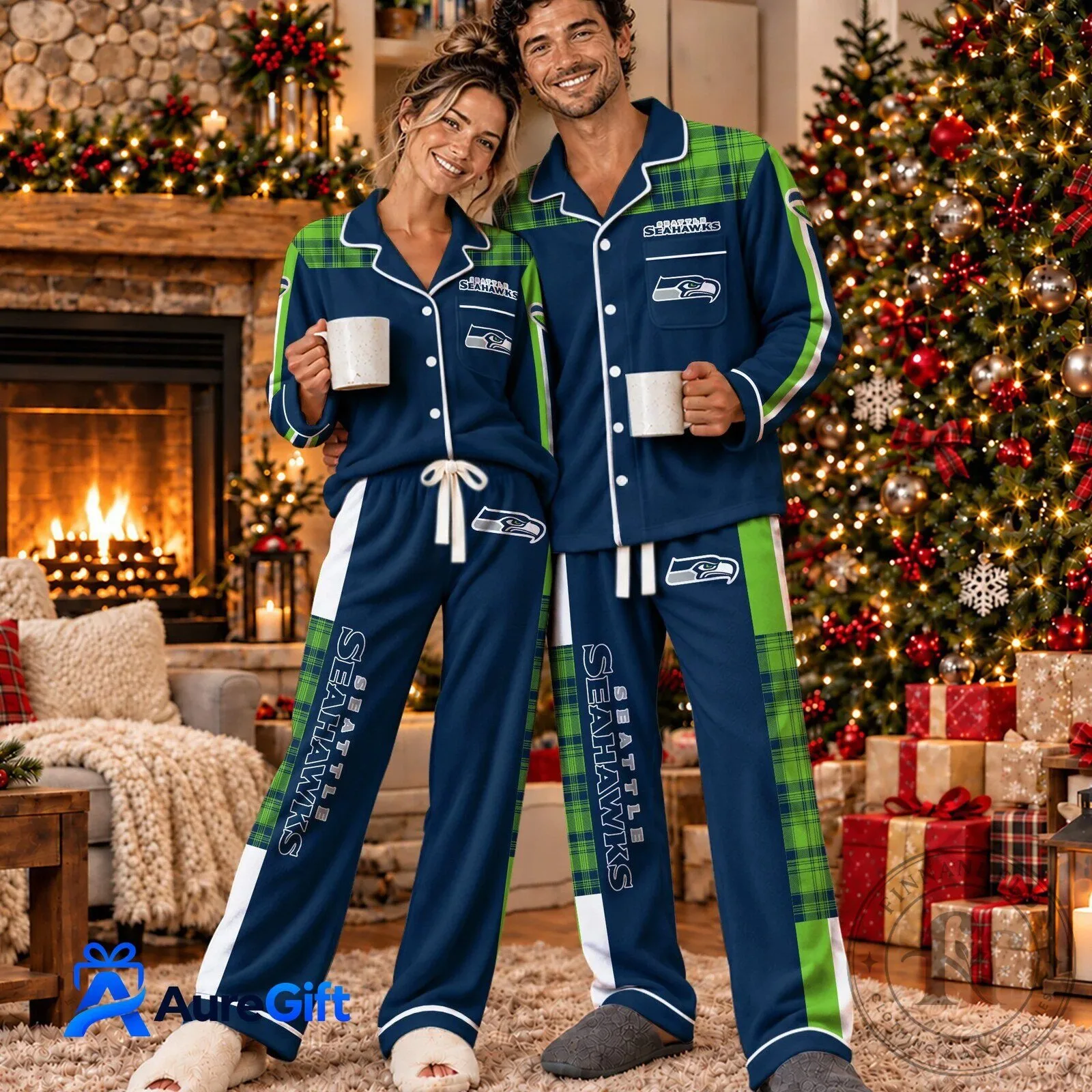 Seattle Seahawks Plaid Christmas Matching Family Pajamas Set