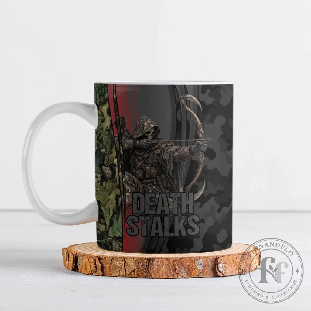 Death Stalks Grim Reaper Bow Hunter Camouflage Art Ceramic Coffee Mug