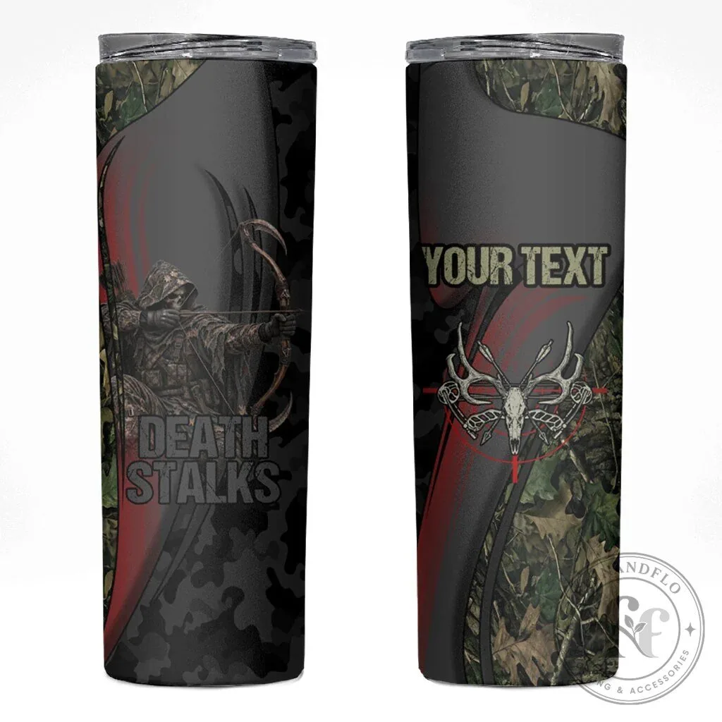 Personalized Death Stalks Bowhunting Deer Skull Camouflage Skinny Tumbler