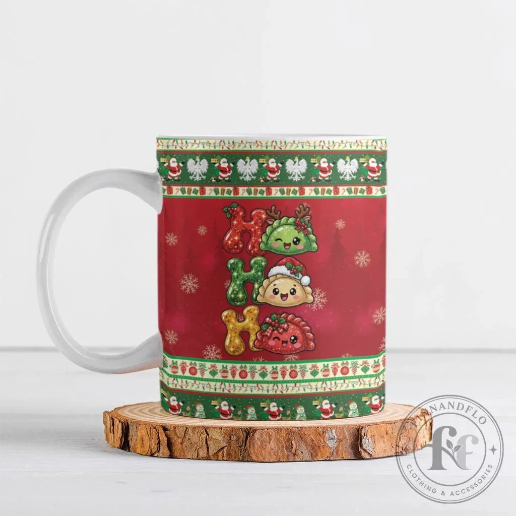 Cute Christmas Pierogi Ho Ho Ho Holiday Pattern White Ceramic Mug