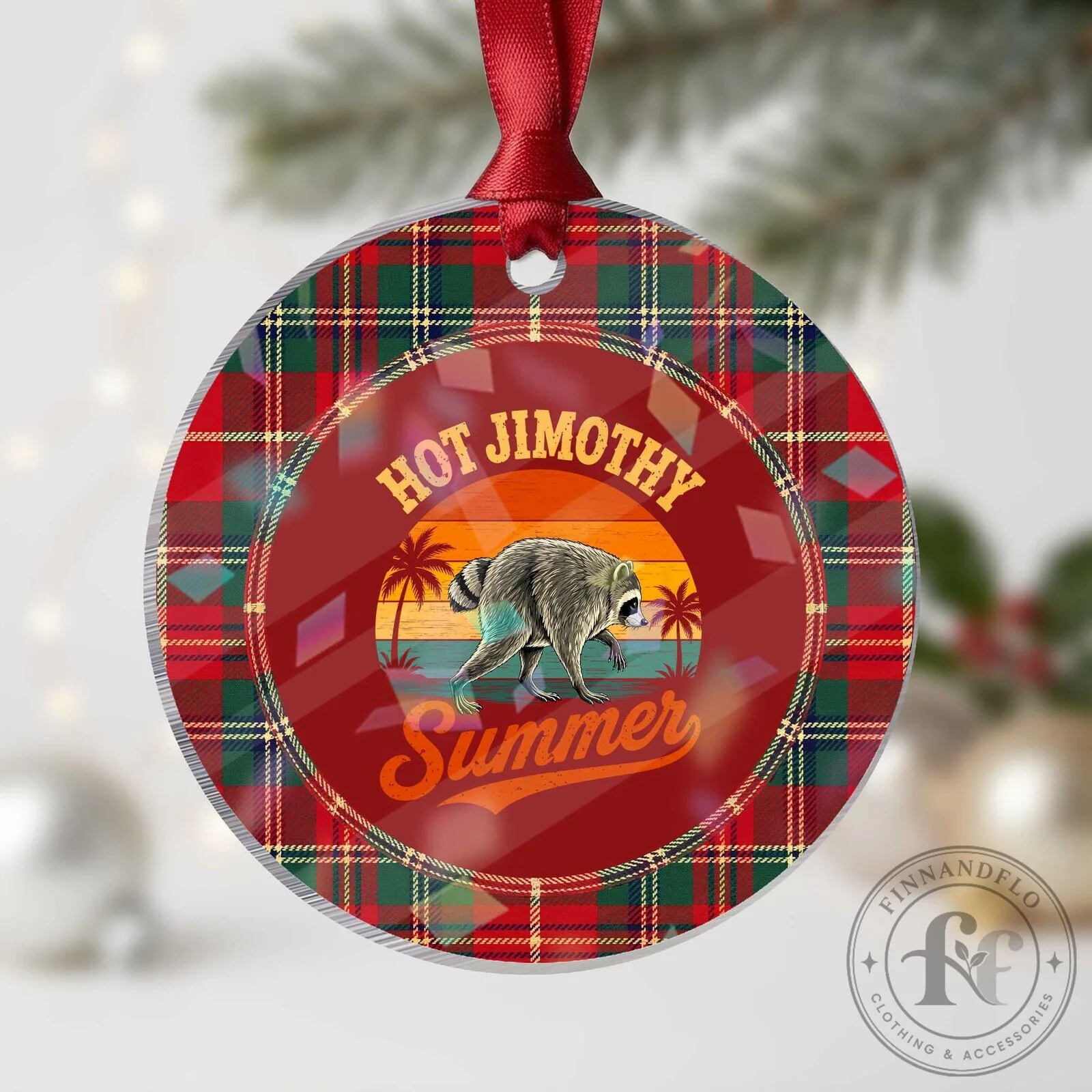 Hot Jimothy Summer Retro Sunset Beach Raccoon Meme Holographic Acrylic Ornament