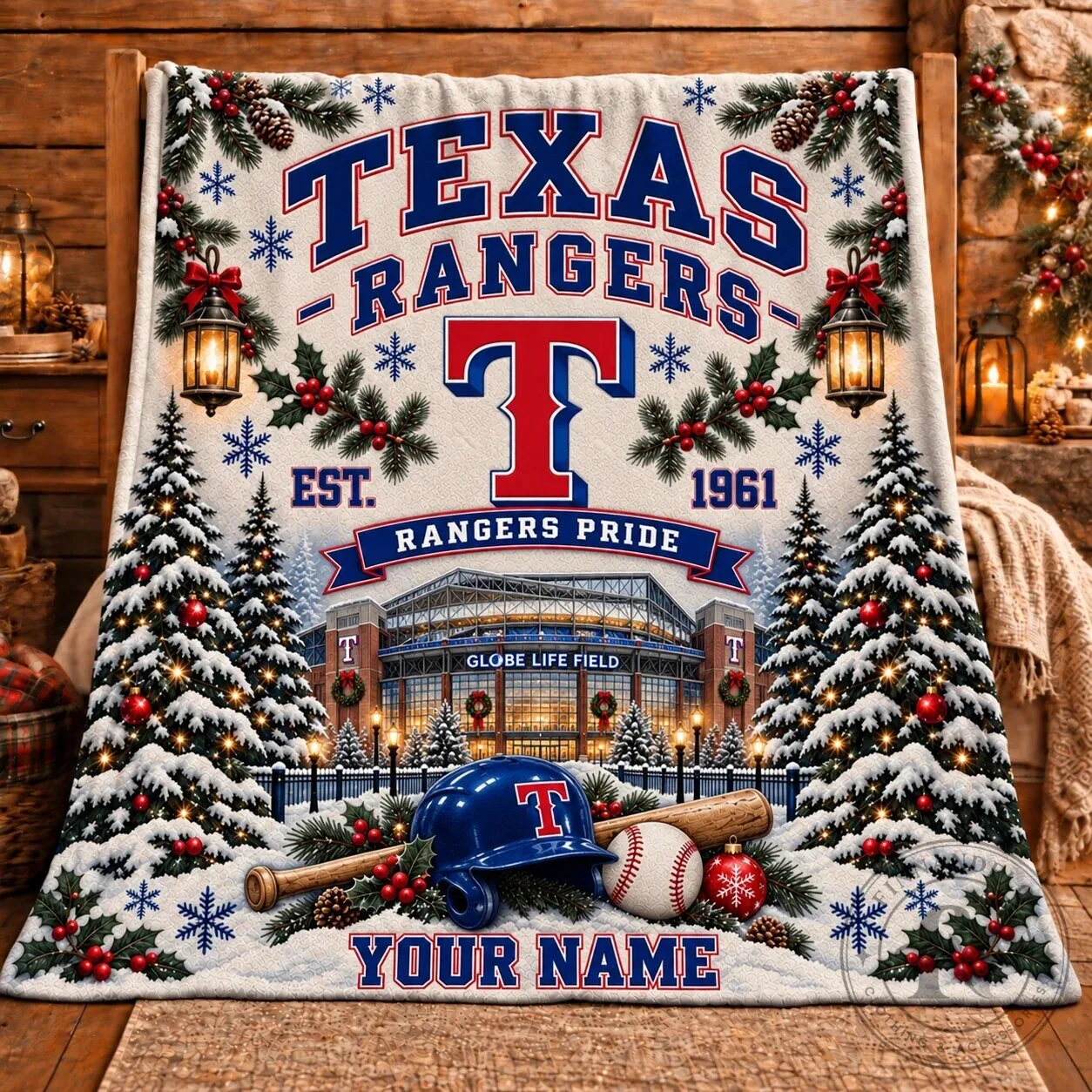 Texas Rangers Christmas Holiday Baseball Stadium Personalized Blanket