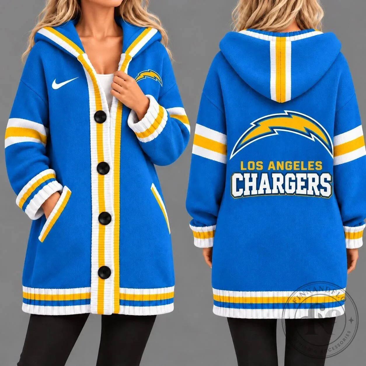 Los Angeles Chargers Football Team Blue and Yellow Striped Hooded Jacket