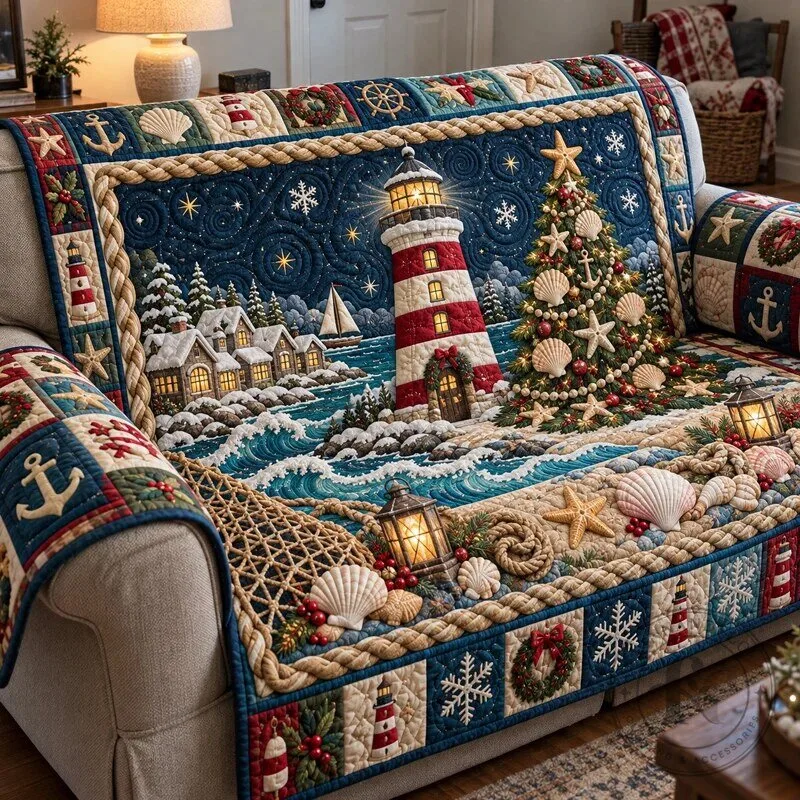 Coastal Christmas Lighthouse Ocean Beach Quilted Sofa Cover Protector