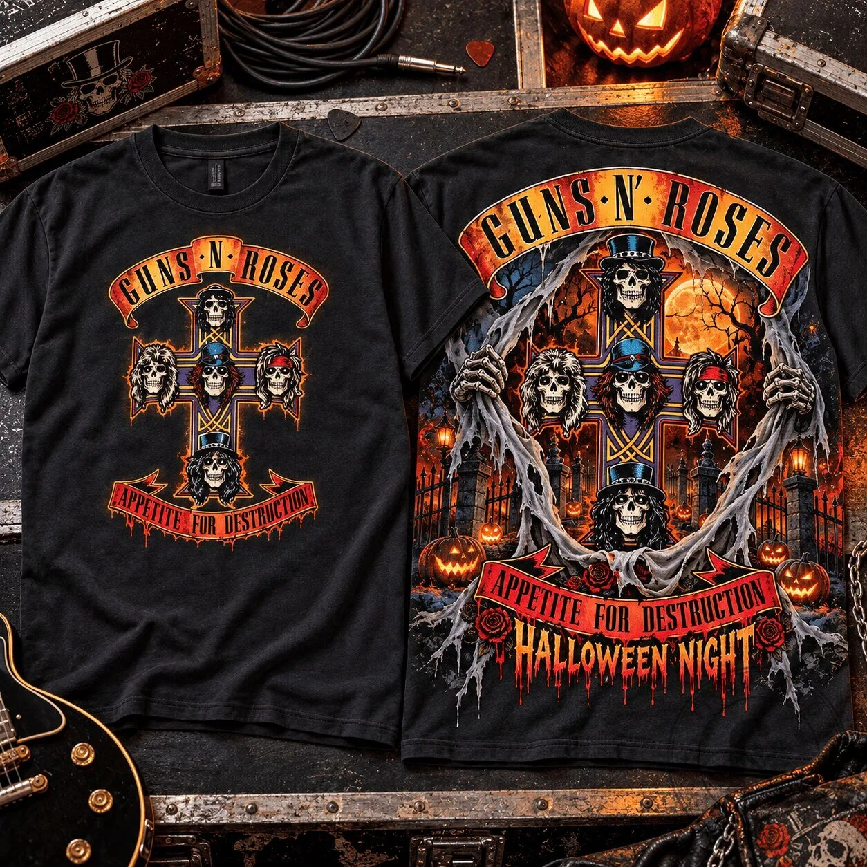 Guns N' Roses Appetite For Destruction Halloween Night Skull Cross T-Shirt