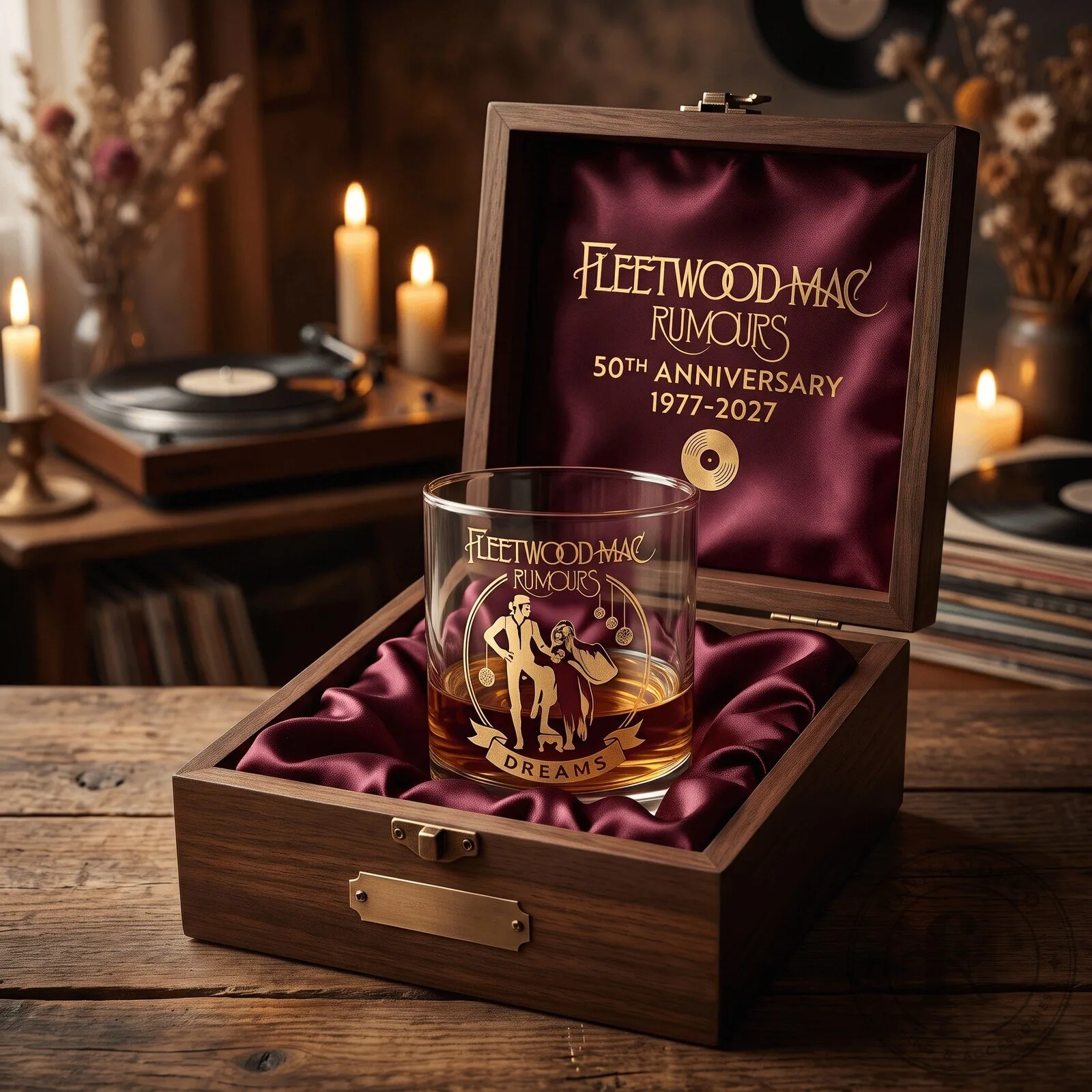 Fleetwood Mac Rumours 50th Anniversary Dreams Whiskey Glass in Wood Box