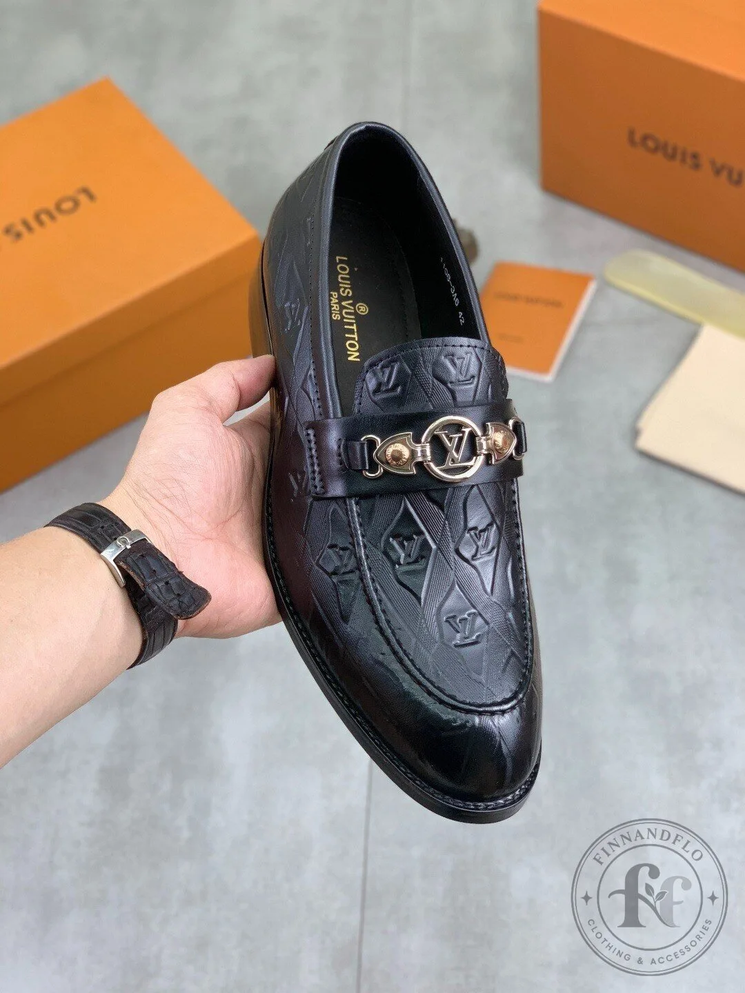 Louis Vuitton Black Leather Monogram Loafer Dress Shoes for Men
