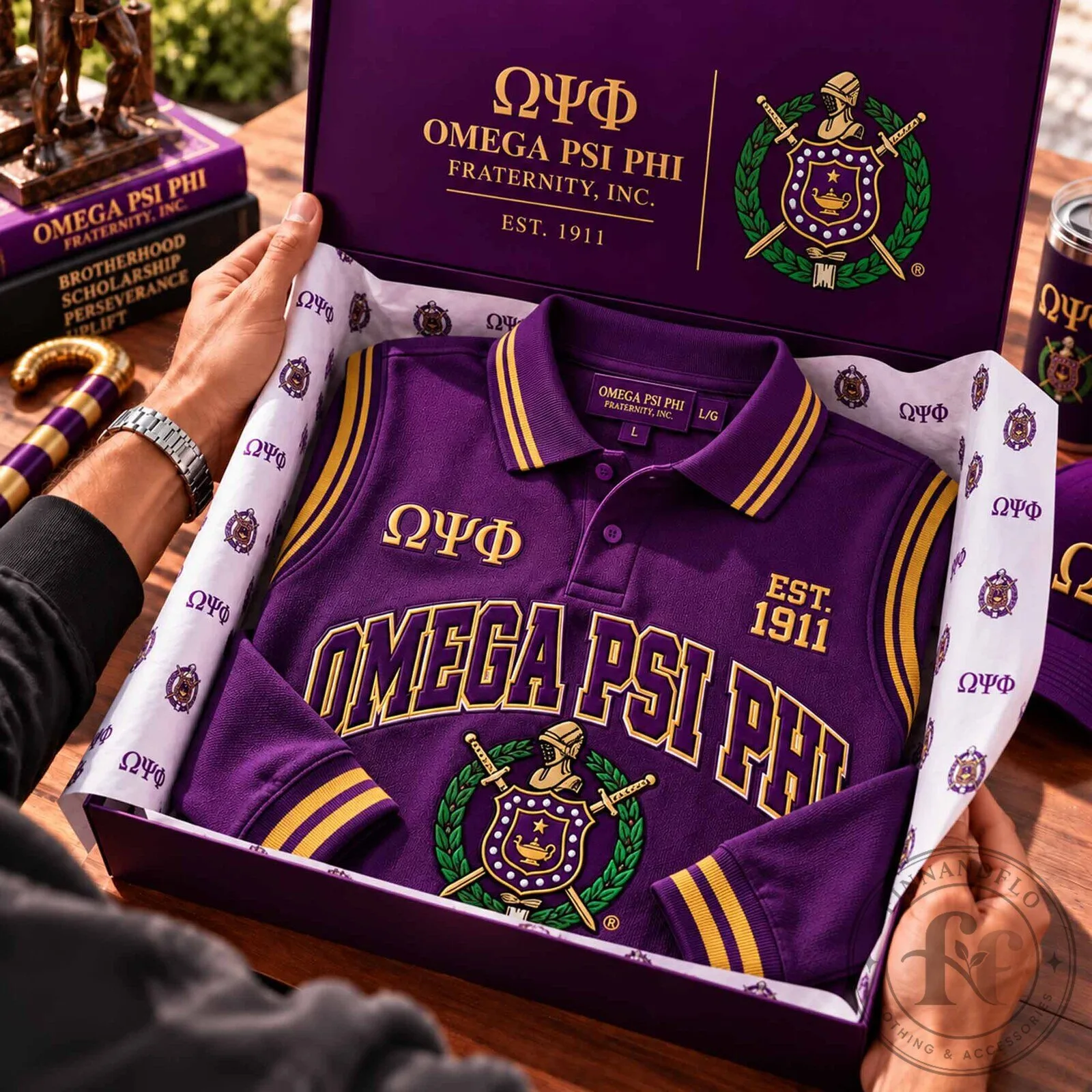 Purple and Gold Striped Polo for Omega Psi Phi Fraternity