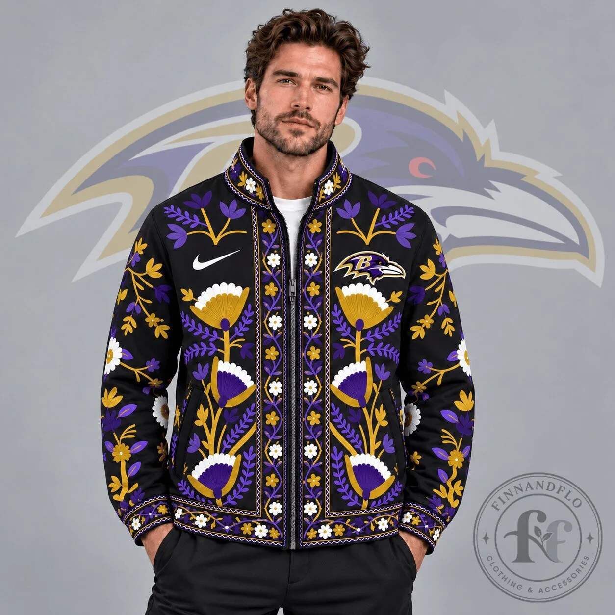 Baltimore Ravens NFL Folk Art Floral Print Full Zip Jacket