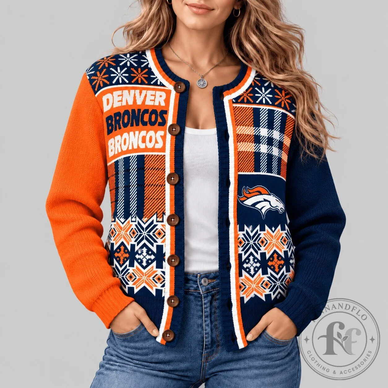 Denver Broncos NFL Fair Isle Pattern Knit Cardigan Sweater for Women